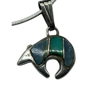 Calvin Begay Native inlay Bear pendant 925 Turquoise chain Italy signed‎